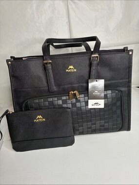 Matein Black Women's Briefcase Tote Bag with Woven Front Pocket